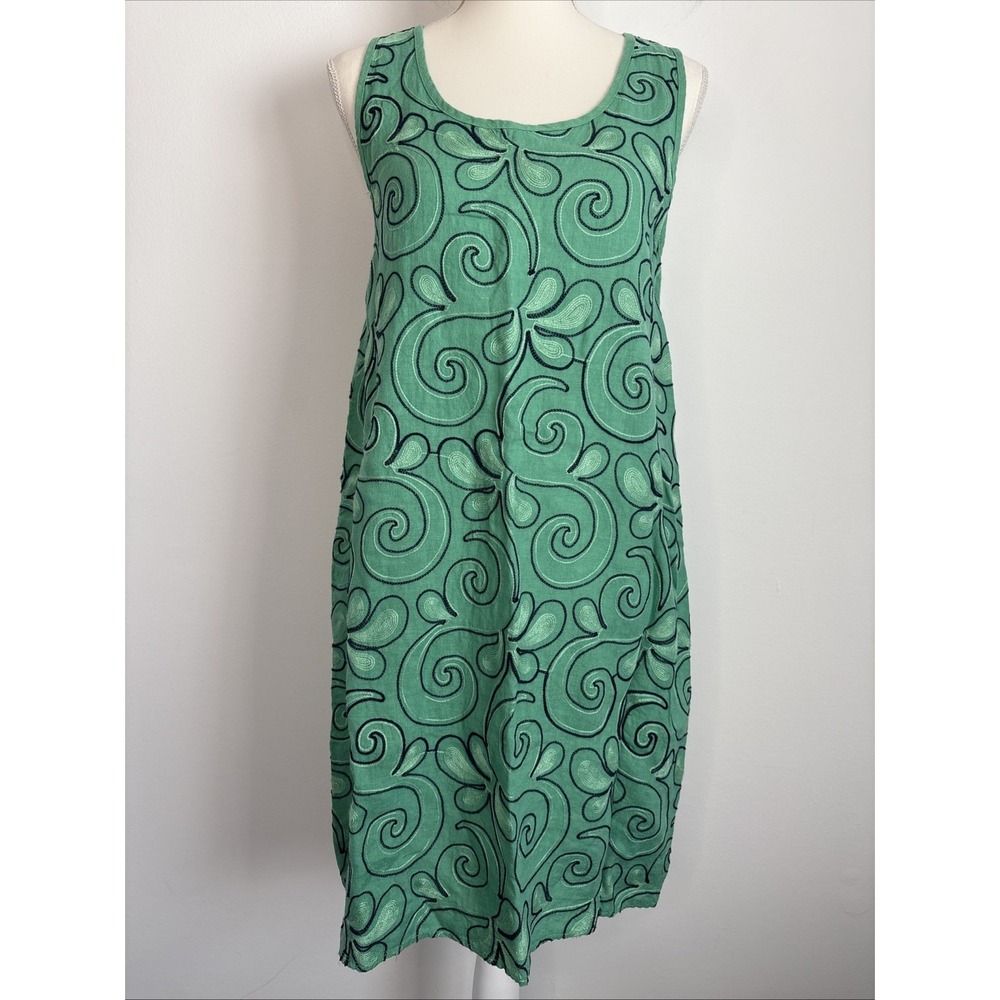 Vasna Linen Dress Womens Small Green Embroidered Shift Coastal Italy Vacation